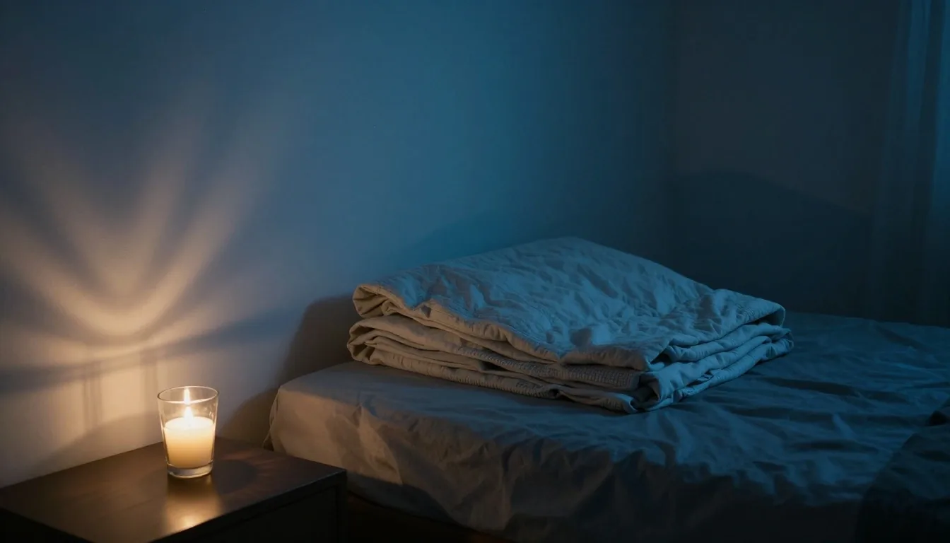 Sypialnia wieczorem z ciepłym światłem lampy nocnej