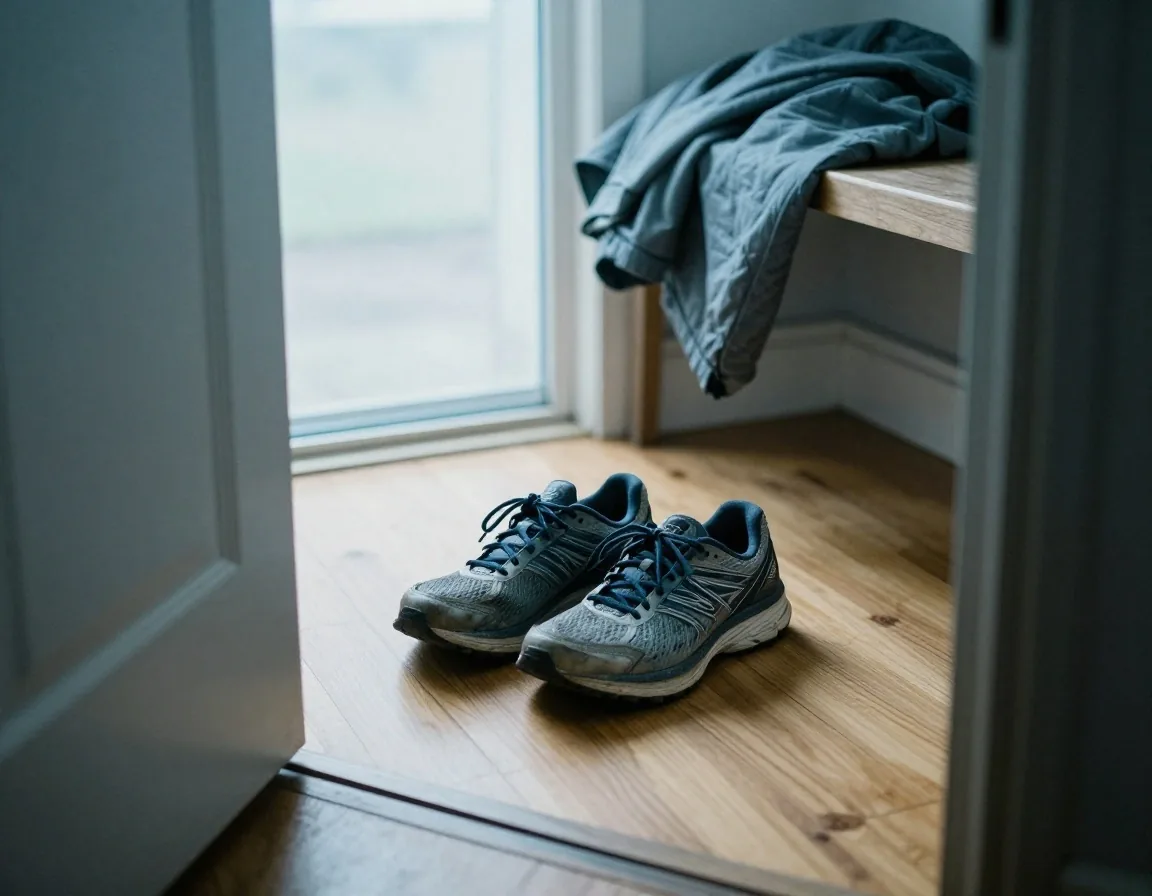 Buty sportowe na podłodze przy drzwiach wejściowych w porannym świetle