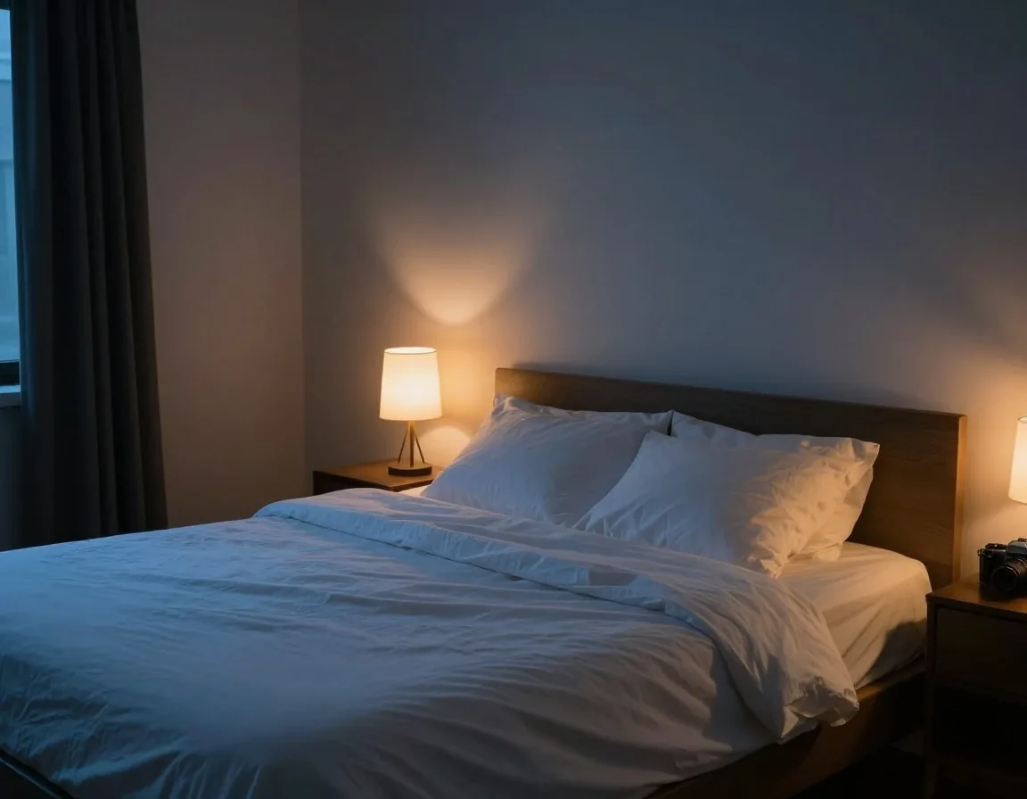 Sypialnia z zasłanianymi zasłonami i wyłączonym laptopem na szafce nocnej