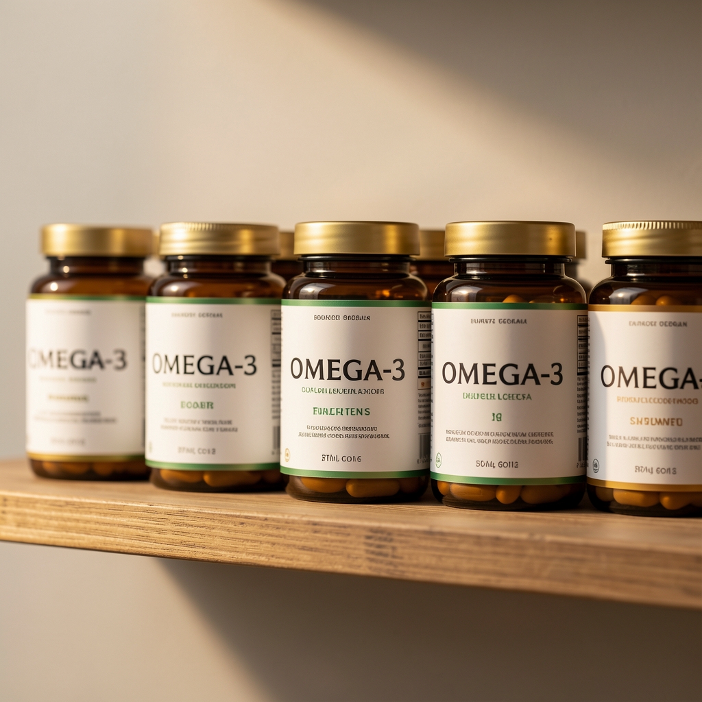 Close-up of omega-3 supplement containers on a wooden shelf, editorial composition with neutral background and warm side light