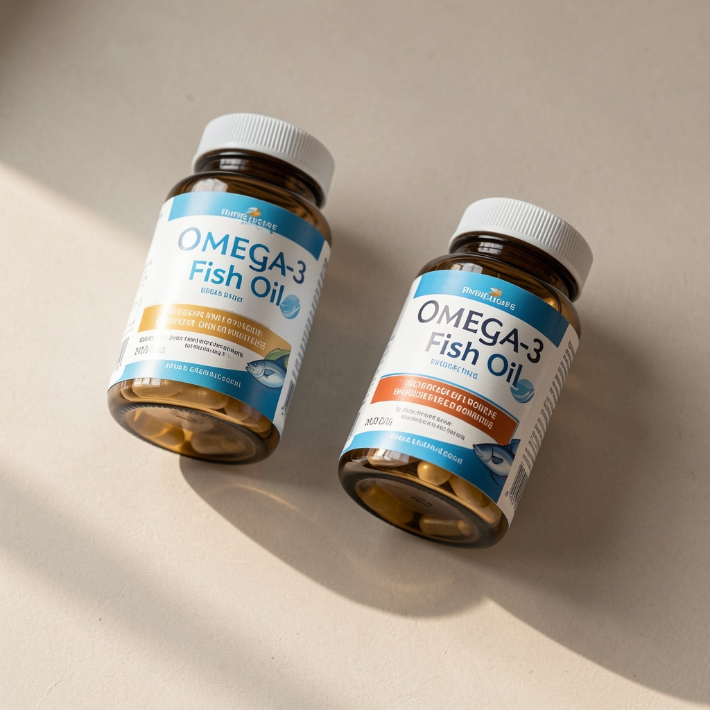 Close-up of omega-3 fish oil capsule containers on a neutral surface, editorial flat lay with natural daylight