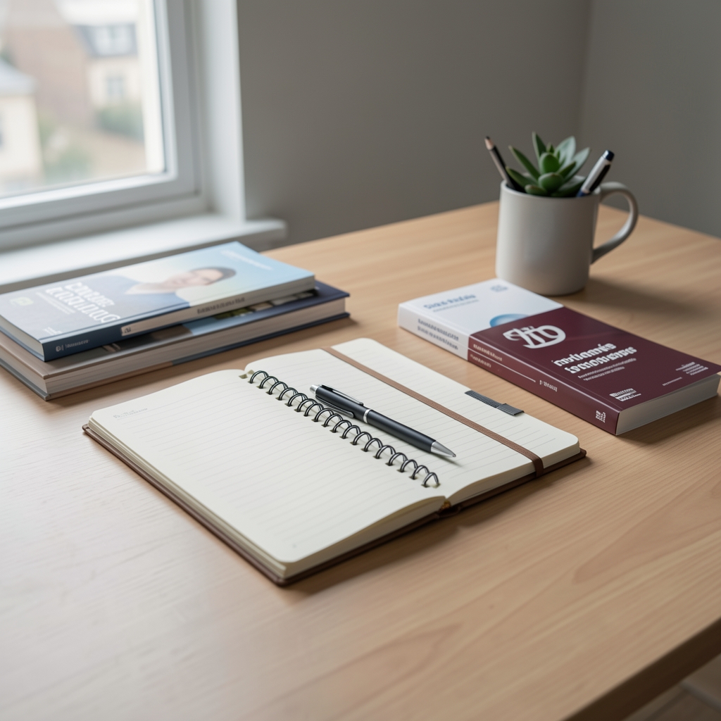 Editorial desk setup with a notebook, pen, and supplement reference materials arranged in a clean workspace with natural light